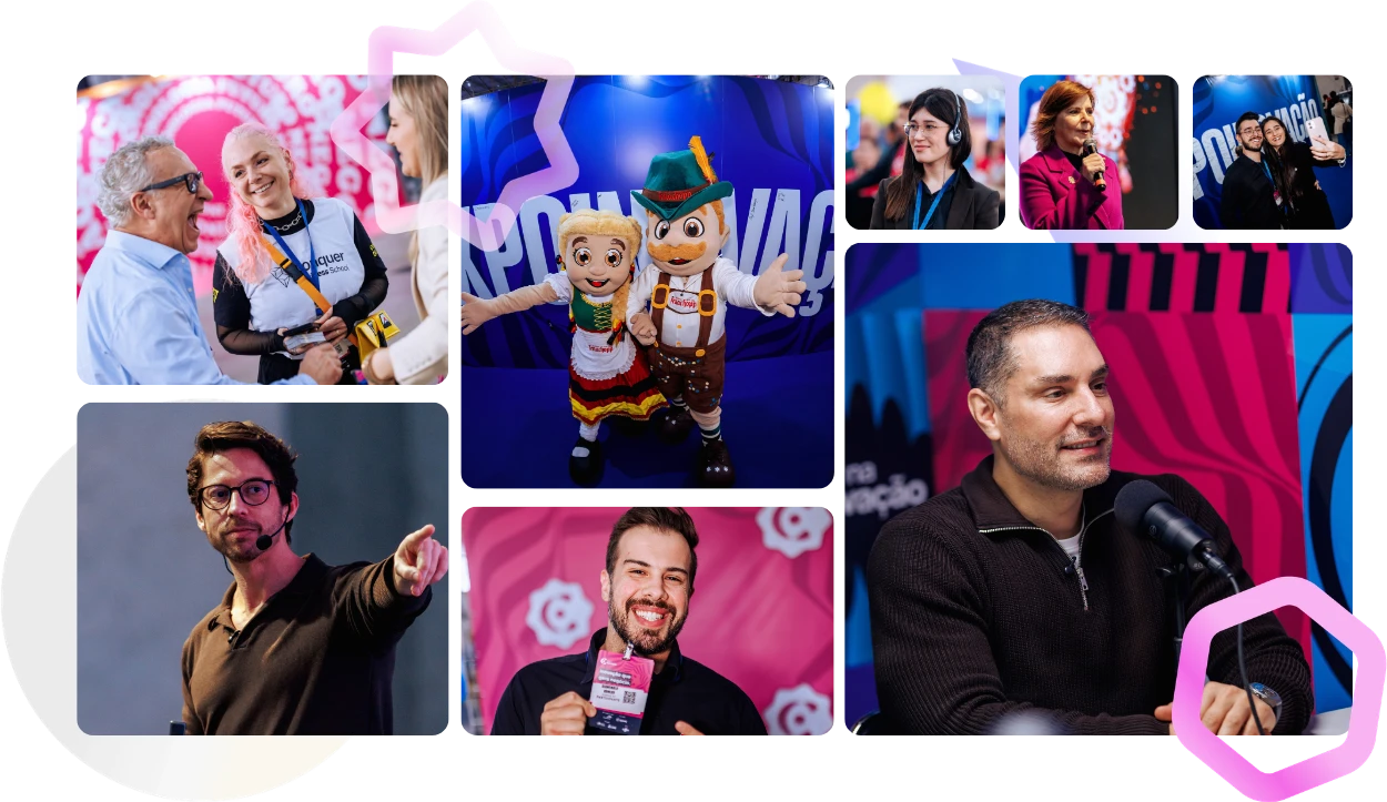 Momentos da Expoinovação 2026: público, palestrantes, mascotes da Fenachopp e bastidores